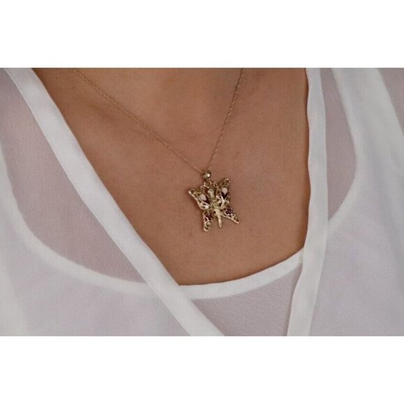 14k Yellow Gold Butterfly Necklace Pink and Red Enamel 18" Chain - Picture 2 of 8